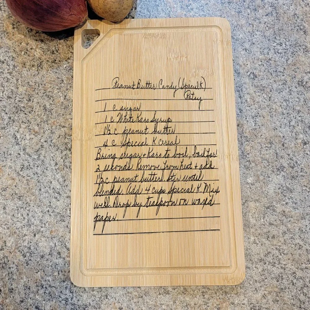 Engraved Handwriting Recipe Cutting Board with Wall Hanging Notch